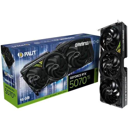 PALIT GeForce RTX 5070 Ti GamingPro-S 16GB GDDR7 256 bit, 1x HDMI 2.1b, 3x DP 2.1b, 3 Fan, 1x 16-pin pwr connector, 750W, 331.9 x 127.1 x 49.7 mm, NE7507T019T2-GB2031U