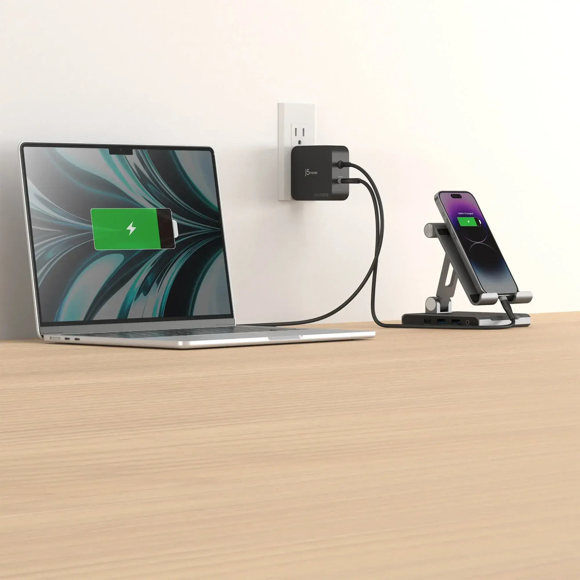 j5create JUP25102V Зарядно 220V- GaN 102W USB-C 2порта- за лаптопи, таблети, телефони - image 2