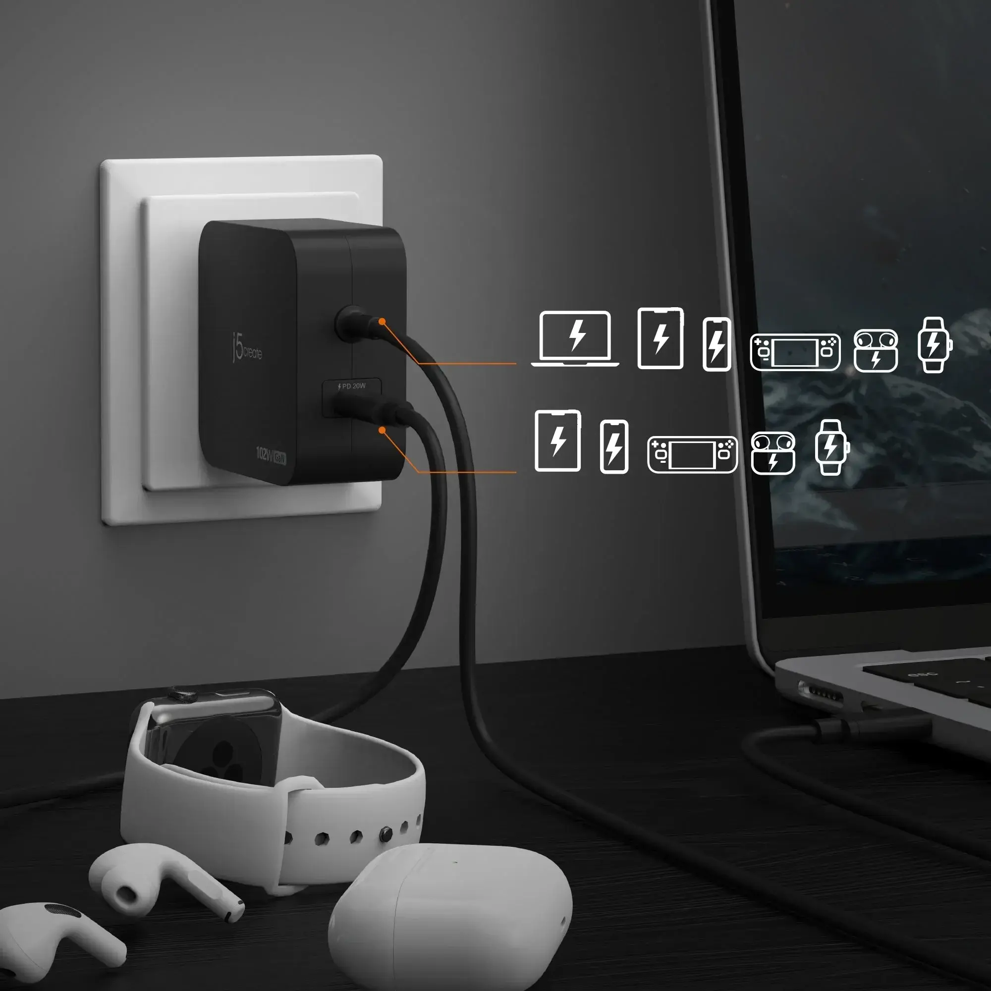j5create JUP25102V Зарядно 220V- GaN 102W USB-C 2порта- за лаптопи, таблети, телефони - image 4