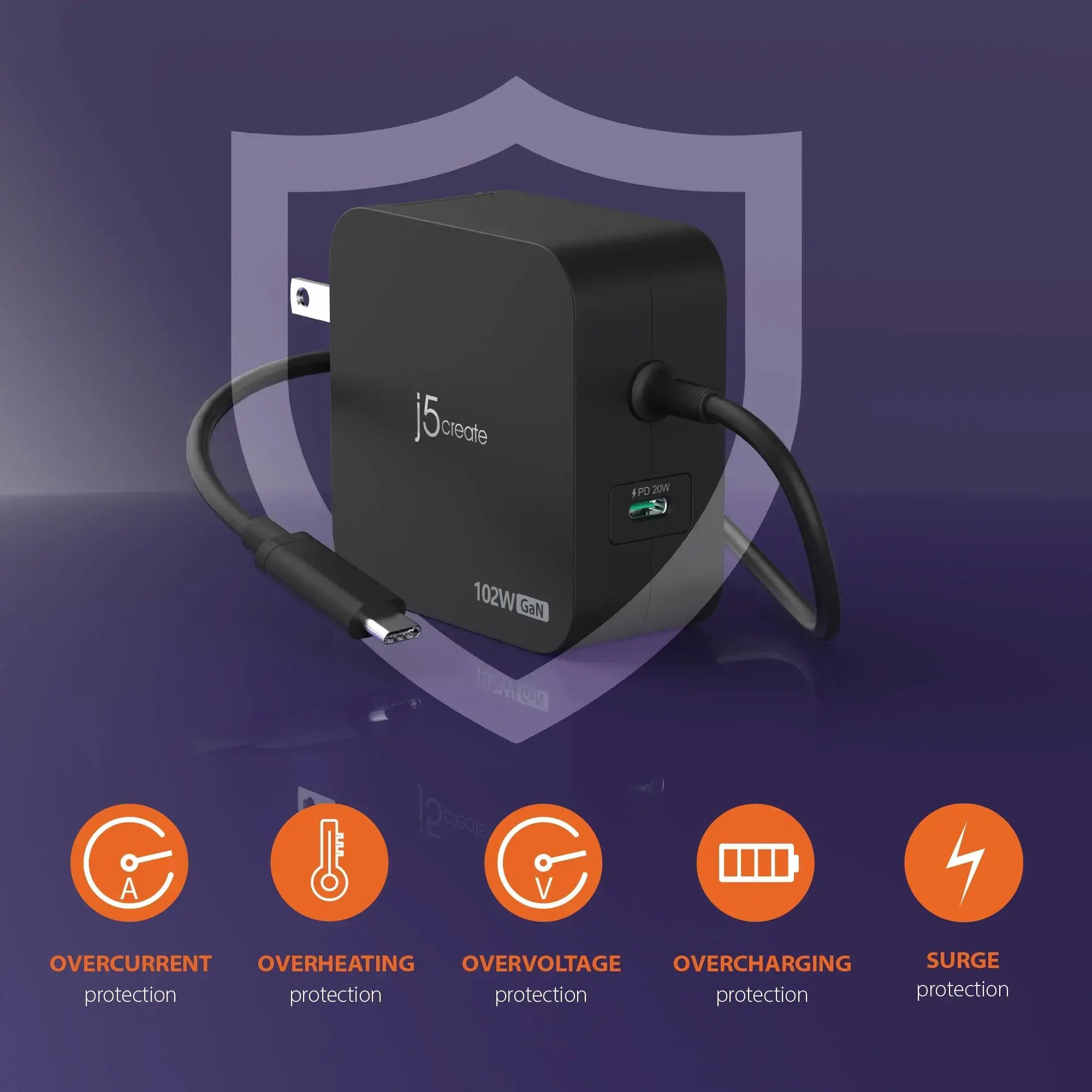 j5create JUP25102V Зарядно 220V- GaN 102W USB-C 2порта- за лаптопи, таблети, телефони - image 5