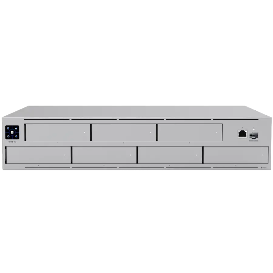 Ubiquiti UNAS-Pro-EU 2U rack-mount NAS με (7) θέσεις δίσκων 2.5/3.5" και απόδοση 10 Gbps, σχεδιασμένο για αποθήκευση και κοινή χρήση αρχείων μεγάλης