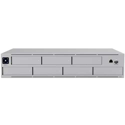 Ubiquiti UNAS-Pro-EU 2U rack-mount NAS with (7) 2.5/3.5" drive bays and 10 Gbps performance designed for large-scale file storage and sharing, (7) 2.5/3.5" HDD / SSD support, 10G SFP+ uplink and (1) GbE RJ45 port