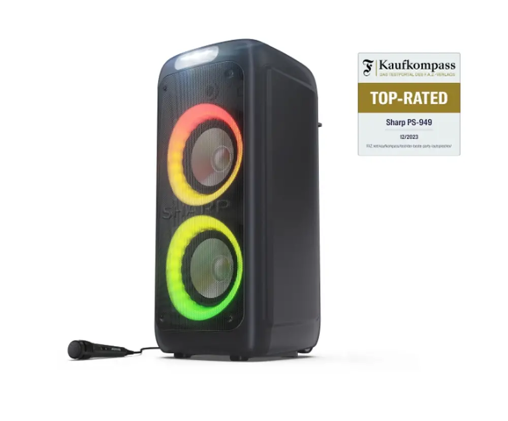 Тонколони, Sharp Speakers PS-949, XPARTY STREET BEAT 2 x 8" woofers + horn tweeter, max power output 132 W, 12 h play time by built in battery, True wireless Stereo, USB Music playback and charging, DJ FX, BT 5.0, 2 x Mic/Guitar inputs, Splashproof (IPX4), Black
