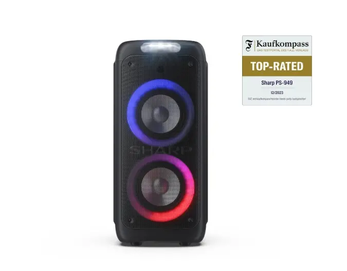 Тонколони, Sharp Speakers PS-949, XPARTY STREET BEAT 2 x 8" woofers + horn tweeter, max power output 132 W, 12 h play time by built in battery, True wireless Stereo, USB Music playback and charging, DJ FX, BT 5.0, 2 x Mic/Guitar inputs, Splashproof (IPX4), Black - image 1