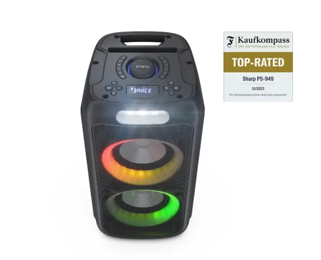 Тонколони, Sharp Speakers PS-949, XPARTY STREET BEAT 2 x 8" woofers + horn tweeter, max power output 132 W, 12 h play time by built in battery, True wireless Stereo, USB Music playback and charging, DJ FX, BT 5.0, 2 x Mic/Guitar inputs, Splashproof (IPX4), Black - image 2