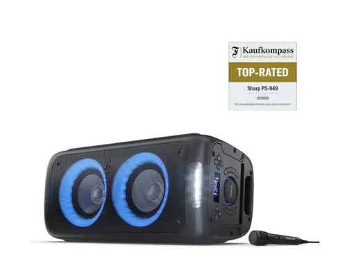 Тонколони, Sharp Speakers PS-949, XPARTY STREET BEAT  2 x 8" woofers + horn tweeter, max power output 132 W, 12 h play time by built in battery, True wireless Stereo, USB Music playback and charging, DJ FX, BT 5.0, 2 x Mic/Guitar inputs, Splashproof (IPX4), Black - image 3