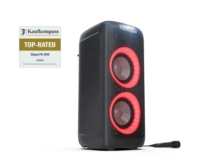 Тонколони, Sharp Speakers PS-949, XPARTY STREET BEAT 2 x 8" woofers + horn tweeter, max power output 132 W, 12 h play time by built in battery, True wireless Stereo, USB Music playback and charging, DJ FX, BT 5.0, 2 x Mic/Guitar inputs, Splashproof (IPX4), Black - image 4