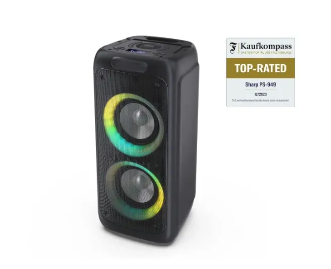 Тонколони, Sharp Speakers PS-949, XPARTY STREET BEAT 2 x 8" woofers + horn tweeter, max power output 132 W, 12 h play time by built in battery, True wireless Stereo, USB Music playback and charging, DJ FX, BT 5.0, 2 x Mic/Guitar inputs, Splashproof (IPX4), Black - image 5