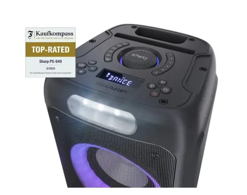 Тонколони, Sharp Speakers PS-949, XPARTY STREET BEAT  2 x 8" woofers + horn tweeter, max power output 132 W, 12 h play time by built in battery, True wireless Stereo, USB Music playback and charging, DJ FX, BT 5.0, 2 x Mic/Guitar inputs, Splashproof (IPX4), Black - image 8