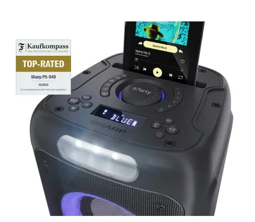 Тонколони, Sharp Speakers PS-949, XPARTY STREET BEAT  2 x 8" woofers + horn tweeter, max power output 132 W, 12 h play time by built in battery, True wireless Stereo, USB Music playback and charging, DJ FX, BT 5.0, 2 x Mic/Guitar inputs, Splashproof (IPX4), Black - image 9