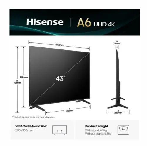 Телевизор, Hisense 43" A6Q, 4K Ultra HD 3840x2160, DLED, DFA, Precision Colour, HDR 10+, HLG, Dolby Vision,Light sensor, Smart TV, WiFi, BT, AnyView Cast, Gaming Mode, 1xHDMI2 eArc, 3xHDMI, 2xUSB, LAN, CI+, DVB-T2/C/S2, Black - image 1