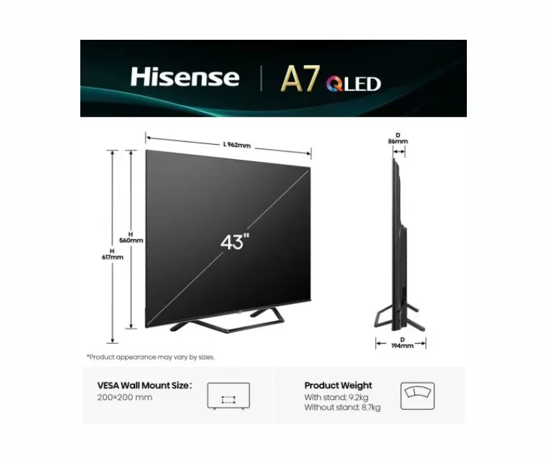 Телевизор, Hisense 43" A7Q, 4K Ultra HD 3840x2160, QLED, FALD, Quantum Dot, HDR 10+, HLG, Dolby Vision, Dolby Atmos, Smart TV, WiFi 5GHz, WiFi Direct, BT, Anyview Cast, 3xHDMI, 2xUSB, LAN, CI+, DVB-T2/C/S2, Black - image 1