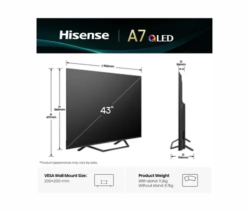 Телевизор, Hisense 43" A7Q, 4K Ultra HD 3840x2160, QLED, FALD, Quantum Dot, HDR 10+, HLG, Dolby Vision, Dolby Atmos, Smart TV, WiFi 5GHz, WiFi Direct, BT, Anyview Cast, 3xHDMI, 2xUSB, LAN, CI+, DVB-T2/C/S2, Black - image 1