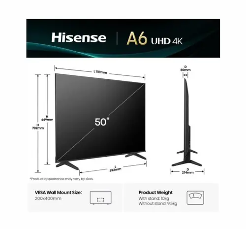 Телевизор, Hisense 50" A6Q, 4K Ultra HD 3840x2160, DLED, DFA, Precision Colour, HDR 10+, HLG, Dolby Vision,Light sensor, Smart TV, WiFi, BT, AnyView Cast, Gaming Mode, 1xHDMI2 eArc, 3xHDMI, 2xUSB, LAN, CI+, DVB-T2/C/S2, Black - image 1