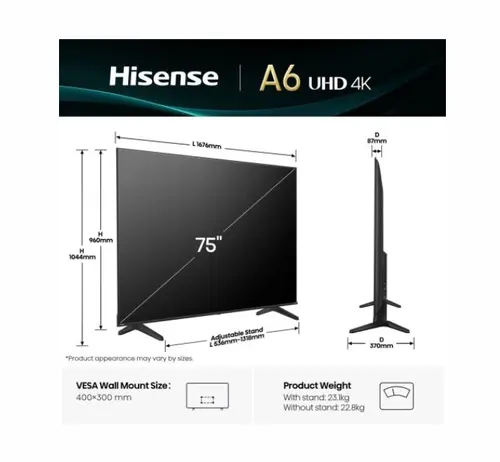 Телевизор, Hisense 75" A6Q, 4K Ultra HD 3840x2160, DLED, DFA, Precision Colour, HDR 10+, HLG, Dolby Vision,Light sensor, Smart TV, WiFi, BT, AnyView Cast, Gaming Mode, 1xHDMI2 eArc, 3xHDMI, 2xUSB, LAN, CI+, DVB-T2/C/S2, Black - image 1