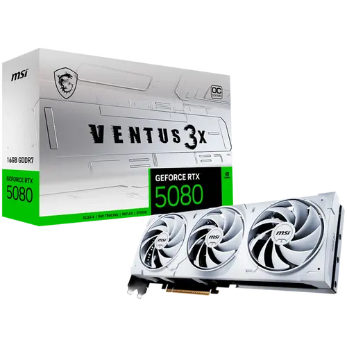 MSI Video Card Nvidia GeForce RTX 5080 16G VENTUS 3X OC WHITE, 16GB GDDR7, 256bit, Effective Memory Clock: 30000MHz, Boost: 2640 MHz, 10752 CUDA Cores, PCIe 5.0, 3x DP 2.1b, HDMI 2.1b, RAY TRACING, Triple Fan, 1x16pin, 850W Recommended PSU, 3Y