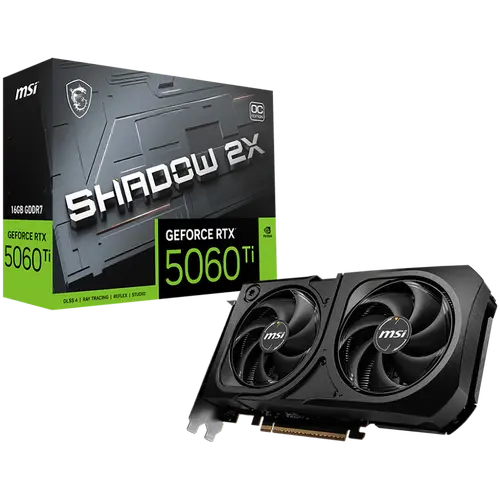 MSI Video Card NVIDIA GeForce RTX 5060 Ti 16G SHADOW 2X OC PLUS, 16GB GDDR7, 128-bit, 2602 MHz Boost, 4608 CUDA Cores, PCIe 5.0 (x8), 3x DP 2.1b, HDMI 2.1b, RAY TRACING, Dual Fan, 180W TDP, 8-pin PCIe Power, G-SYNC, 2-Slot, 3Y
