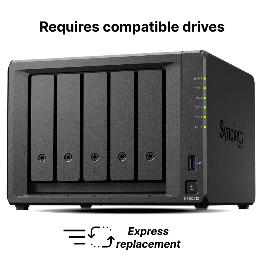 15-bay Synology NAS server for Small and Medium Business(5 bays on base, expandable to 15 with 2x DX517), DS1525+