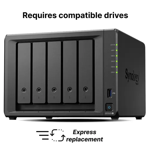 Server NAS Synology cu 15 sloturi pentru întreprinderi mici și mijlocii (5 sloturi în unitatea de bază, extensibil până la 15 cu 2x DX517), DS1525+ - 1