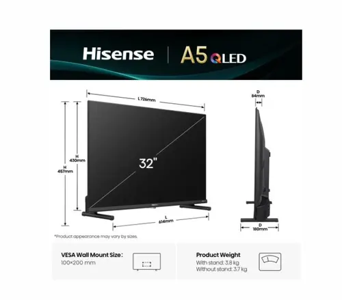 Телевизор, Hisense 32" A5Q, Full HD 1920x1080, QLED, Quantum Dot, HDR, HLG, DTS HD, Light Sensor, Dolby Audio, Smart TV, WiFi, WiFi Direct, 2xHDMI, 2xUSB, LAN, CI+, DVB-T2/C/S2, Black - image 1