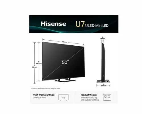 Телевизор, Hisense 50" U7Q, 4K Ultra HD 3840x2160, ULED, FALD, Quantum Dot, 144Hz, IPS, HDR 10+, HLG, Dolby Vision IQ, Dolby Atmos, Smart TV, WiFi 5GHz, WiFi Direct, BT, Anyview Cast, 4xHDMI, 2xUSB, LAN, CI+, DVB-T2/C/S2, Black - image 1