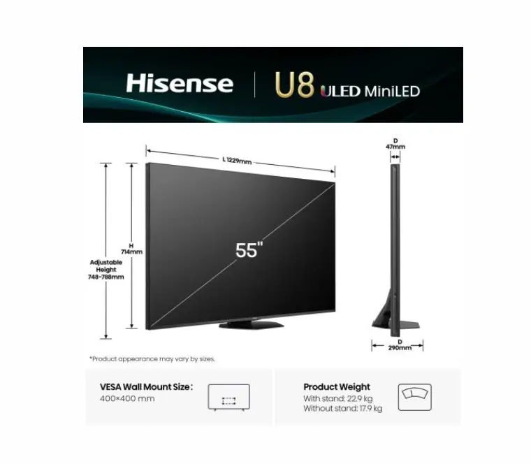 Телевизор, Hisense 55" U8Q, 4K Ultra HD 3840x2160, Mini Led Pro, FALD, Quantum Dot, 165Hz, IPS, HDR 10+, HLG, Dolby Vision IQ, Dolby Atmos, Smart TV,Light Sensor,WiFi 5GHz, WiFi Direct, BT, Anyview Cast, 3xHDMI, 2xUSB,1x USB (3.0) , LAN, CI+, DVB-T2/C/S2, Black - image 1