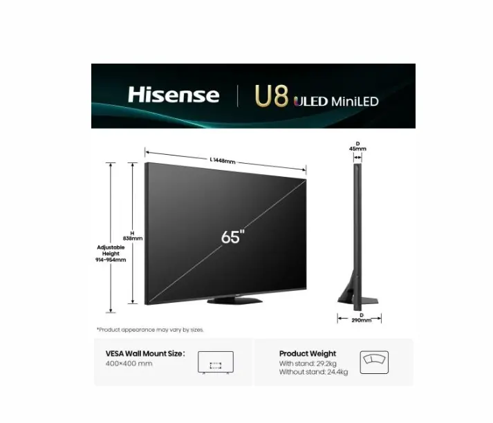 Телевизор, Hisense 65" U8Q, 4K Ultra HD 3840x2160, Mini Led Pro, FALD, Quantum Dot, 165Hz, IPS, HDR 10+, HLG, Dolby Vision IQ, Dolby Atmos, Smart TV,Light Sensor,WiFi 5GHz, WiFi Direct, BT, Anyview Cast, 3xHDMI, 2xUSB, LAN, CI+, DVB-T2/C/S2, Black - image 1