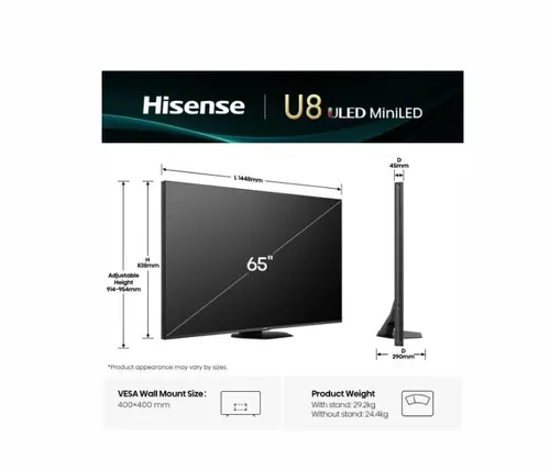 Телевизор, Hisense 65" U8Q, 4K Ultra HD 3840x2160, Mini Led Pro, FALD, Quantum Dot, 165Hz, IPS, HDR 10+, HLG, Dolby Vision IQ, Dolby Atmos, Smart TV,Light Sensor,WiFi 5GHz, WiFi Direct, BT, Anyview Cast, 3xHDMI, 2xUSB, LAN, CI+, DVB-T2/C/S2, Black - image 1