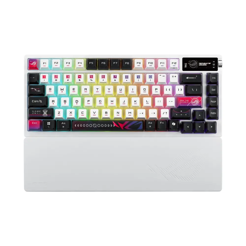 Πληκτρολόγιο, Asus ROG Azoth X 75% custom gaming πληκτρολόγιο, ROG NX Snow V2, dye-sub και ημιδιαφανή keycaps, gasket mount, πενταστρωματική απόσβεση