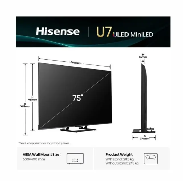 Телевизор, Hisense 75"U7Q, 4K Ultra HD 3840x2160, ULED, FALD, Quantum Dot, 144Hz, IPS, HDR 10+, HLG, Dolby Vision IQ, Dolby Atmos, Smart TV, WiFi 5GHz, WiFi Direct, BT, Anyview Cast,light sensor, 4xHDMI, 2xUSB, LAN, CI+, DVB-T2/C/S2, Black - image 1