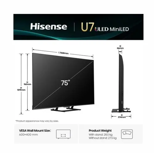 Телевизор, Hisense 75"U7Q, 4K Ultra HD 3840x2160, ULED, FALD, Quantum Dot, 144Hz, IPS, HDR 10+, HLG, Dolby Vision IQ, Dolby Atmos, Smart TV, WiFi 5GHz, WiFi Direct, BT, Anyview Cast,light sensor, 4xHDMI, 2xUSB, LAN, CI+, DVB-T2/C/S2, Black - image 1