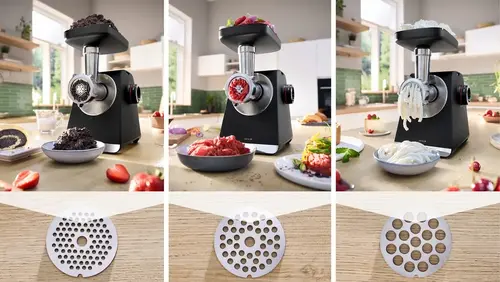 Месомелачка, Bosch MFWS650B, SER6, Meat mincer - MultiPower 2100 W, Planetary gearbox, 3,5 kg/min, kebbe attachment, sausage attachment, fruit press attachment, reverse function, Black - image 6