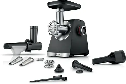 Месомелачка, Bosch MFWS650B, SER6, Meat mincer - MultiPower 2100 W, Planetary gearbox, 3,5 kg/min, kebbe attachment, sausage attachment, fruit press attachment, reverse function, Black