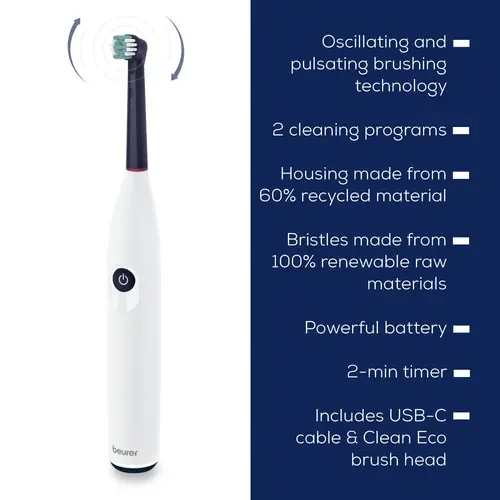 Електрическа четка за зъби, Beurer TB 15 Electric toothbrush; 2 cleaning programs; 12days Battery life; 2-min timer; Oscillating, pulsating, brushing technology; Incl. USB-C charging cable and Clean Eco brush head; white - image 1