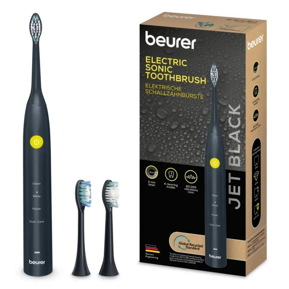 Periuță de dinți electrică, Beurer SC 30 Jet Black, Periuță sonică electrică, până la 80.000 mișcări/min, 4 programe de curățare: Clean, White