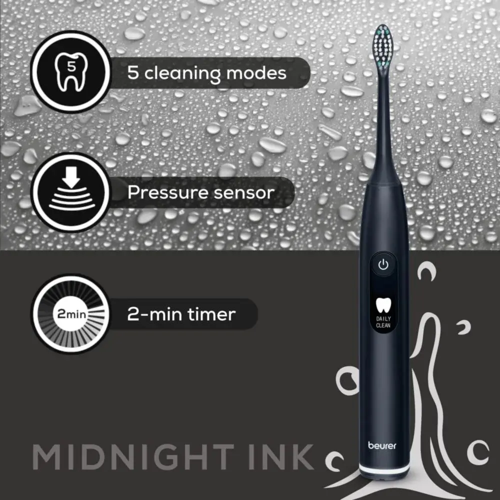 Електрическа четка за зъби, Beurer SC 50 midnight ink, Electric Sonic Toothbrush, up to 80,000 mov/min, 5 cleaning programs: Clean, Sensitive, Polish, Gum Care, Whiten, Pressure sensor , 2-min. timer, Incl. 2 toothbrush heads and magnetic charging plate, 22 days of battery life - image 3