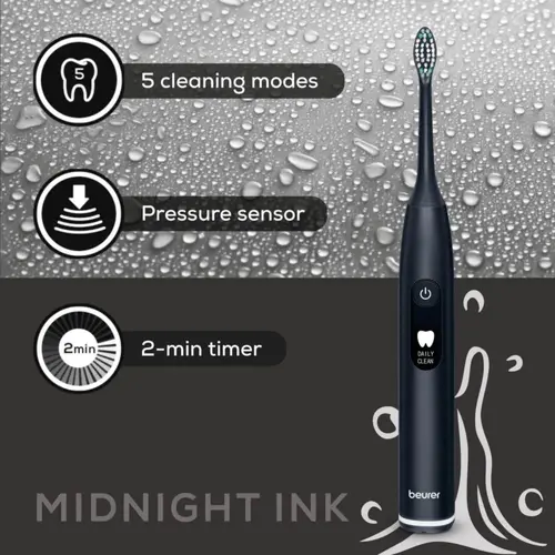 Електрическа четка за зъби, Beurer SC 50 midnight ink, Electric Sonic Toothbrush, up to 80,000 mov/min, 5 cleaning programs: Clean, Sensitive, Polish, Gum Care, Whiten, Pressure sensor , 2-min. timer, Incl. 2 toothbrush heads and magnetic charging plate, 22 days of battery life - image 3