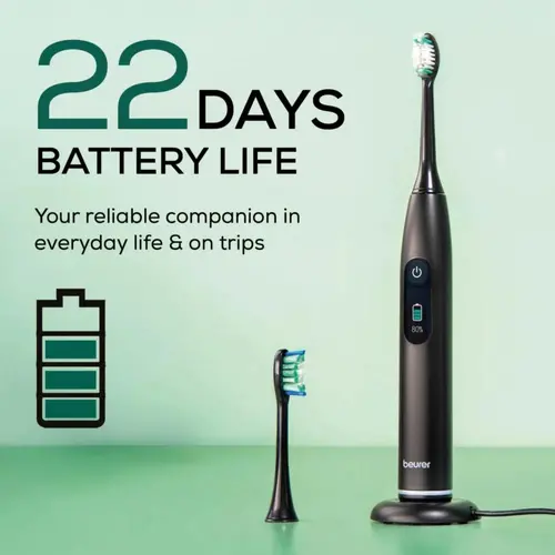 Електрическа четка за зъби, Beurer SC 50 midnight ink, Electric Sonic Toothbrush, up to 80,000 mov/min, 5 cleaning programs: Clean, Sensitive, Polish, Gum Care, Whiten, Pressure sensor , 2-min. timer, Incl. 2 toothbrush heads and magnetic charging plate, 22 days of battery life - image 4