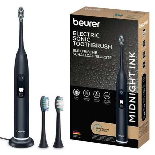 Електрическа четка за зъби, Beurer SC 50 midnight ink, Electric Sonic Toothbrush, up to 80,000 mov/min, 5 cleaning programs: Clean, Sensitive, Polish, Gum Care, Whiten, Pressure sensor , 2-min. timer, Incl. 2 toothbrush heads and magnetic charging plate, 22 days of battery life