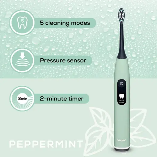 Електрическа четка за зъби, Beurer SC 50 peppermint Electric Sonic Toothbrush, up to 80,000 mov/min, 5 cleaning programs: Clean, Sensitive, Polish, Gum Care, Whiten, Pressure sensor , 2-min. timer, Incl. 2 toothbrush heads and magnetic charging plate, 22 days of battery life - image 3