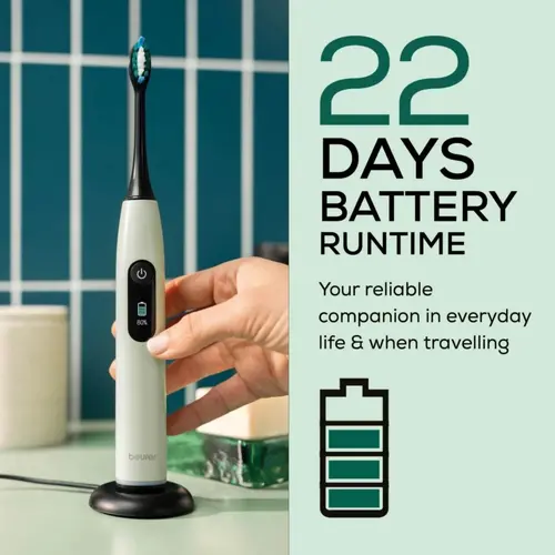 Електрическа четка за зъби, Beurer SC 50 peppermint Electric Sonic Toothbrush, up to 80,000 mov/min, 5 cleaning programs: Clean, Sensitive, Polish, Gum Care, Whiten, Pressure sensor , 2-min. timer, Incl. 2 toothbrush heads and magnetic charging plate, 22 days of battery life - image 4