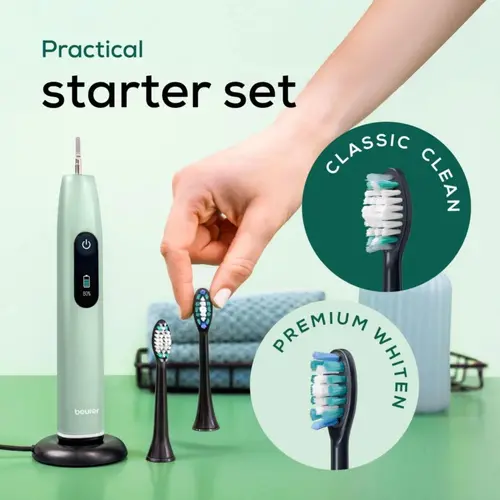 Електрическа четка за зъби, Beurer SC 50 peppermint Electric Sonic Toothbrush, up to 80,000 mov/min, 5 cleaning programs: Clean, Sensitive, Polish, Gum Care, Whiten, Pressure sensor , 2-min. timer, Incl. 2 toothbrush heads and magnetic charging plate, 22 days of battery life - image 6