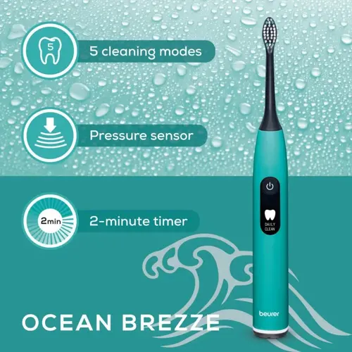 Електрическа четка за зъби, Beurer SC 50 ocean breeze Electric Sonic Toothbrush, up to 80,000 mov/min, 5 cleaning programs: Clean, Sensitive, Polish, Gum Care, Whiten, Pressure sensor , 2-min. timer, Incl. 2 toothbrush heads and magnetic charging plate, 22 days of battery life - image 3