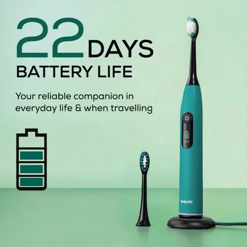 Електрическа четка за зъби, Beurer SC 50 ocean breeze Electric Sonic Toothbrush, up to 80,000 mov/min, 5 cleaning programs: Clean, Sensitive, Polish, Gum Care, Whiten, Pressure sensor , 2-min. timer, Incl. 2 toothbrush heads and magnetic charging plate, 22 days of battery life - image 4