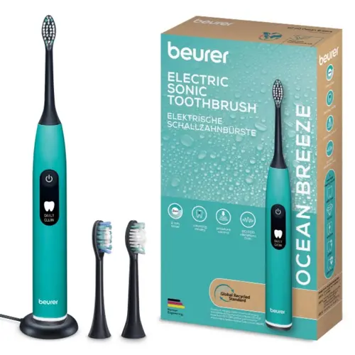 Електрическа четка за зъби, Beurer SC 50 ocean breeze Electric Sonic Toothbrush, up to 80,000 mov/min, 5 cleaning programs: Clean, Sensitive, Polish, Gum Care, Whiten, Pressure sensor , 2-min. timer, Incl. 2 toothbrush heads and magnetic charging plate, 22 days of battery life