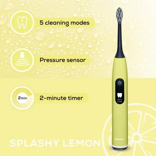 Електрическа четка за зъби, Beurer SC 50 splashy lemon Electric Sonic Toothbrush, up to 80,000 mov/min, 5 cleaning programs: Clean, Sensitive, Polish, Gum Care, Whiten, Pressure sensor , 2-min. timer, Incl. 2 toothbrush heads and magnetic charging plate, 22 days of battery life - image 3
