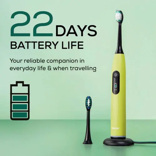 Електрическа четка за зъби, Beurer SC 50 splashy lemon Electric Sonic Toothbrush, up to 80,000 mov/min, 5 cleaning programs: Clean, Sensitive, Polish, Gum Care, Whiten, Pressure sensor , 2-min. timer, Incl. 2 toothbrush heads and magnetic charging plate, 22 days of battery life - image 4