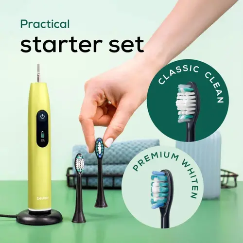 Електрическа четка за зъби, Beurer SC 50 splashy lemon Electric Sonic Toothbrush, up to 80,000 mov/min, 5 cleaning programs: Clean, Sensitive, Polish, Gum Care, Whiten, Pressure sensor , 2-min. timer, Incl. 2 toothbrush heads and magnetic charging plate, 22 days of battery life - image 6