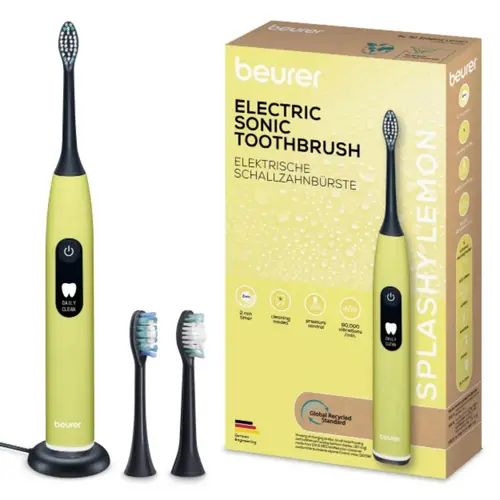 Електрическа четка за зъби, Beurer SC 50 splashy lemon Electric Sonic Toothbrush, up to 80,000 mov/min, 5 cleaning programs: Clean, Sensitive, Polish, Gum Care, Whiten, Pressure sensor , 2-min. timer, Incl. 2 toothbrush heads and magnetic charging plate, 22 days of battery life