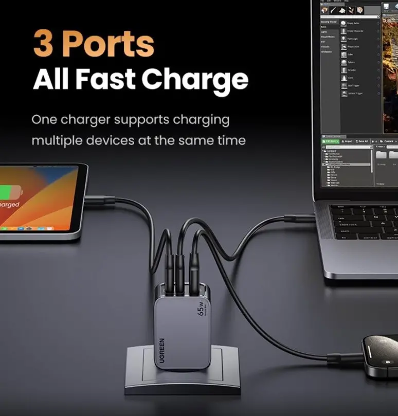 УНИВЕРСАЛНО ЗАРЯДНО УСТРОЙСТВО X755 220V 2xUSB-C 1xUSB A GaN 65W UGREEN - image 2